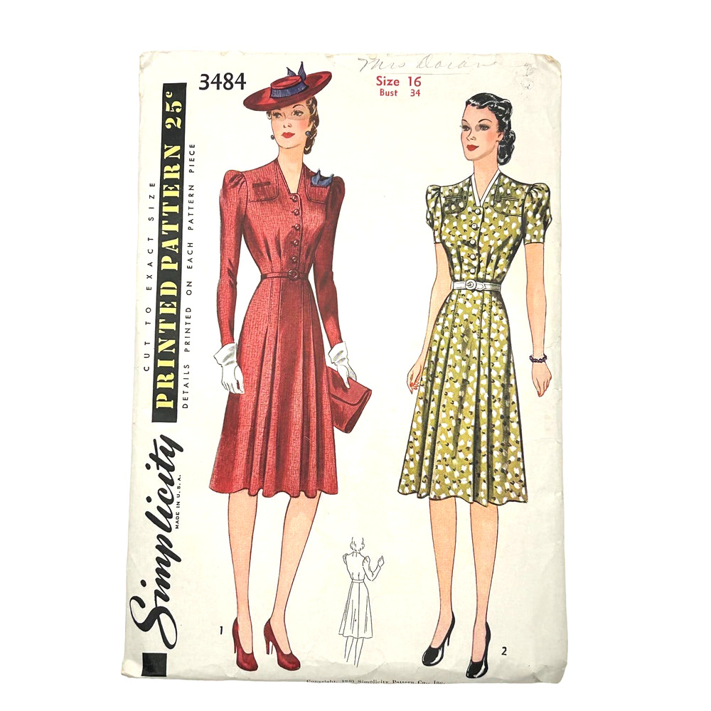 Simplicity Vintage‎ 1940's Pattern #3484 Misses and Women's Dress Size 16